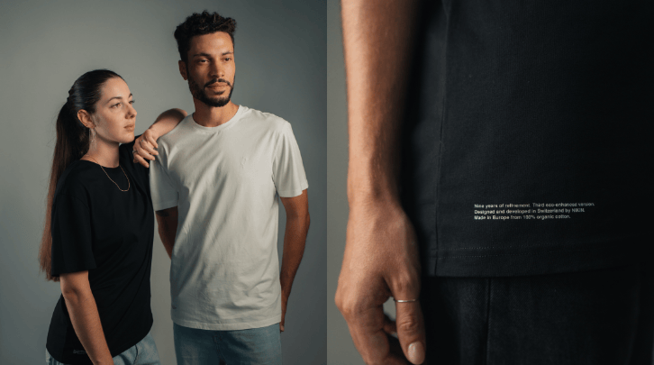 Zwei Models tragen links ein weißes und schwarzes TreeShirt Evolve, rechts ist eine Nahaufnahme des schwarzen Shirts.